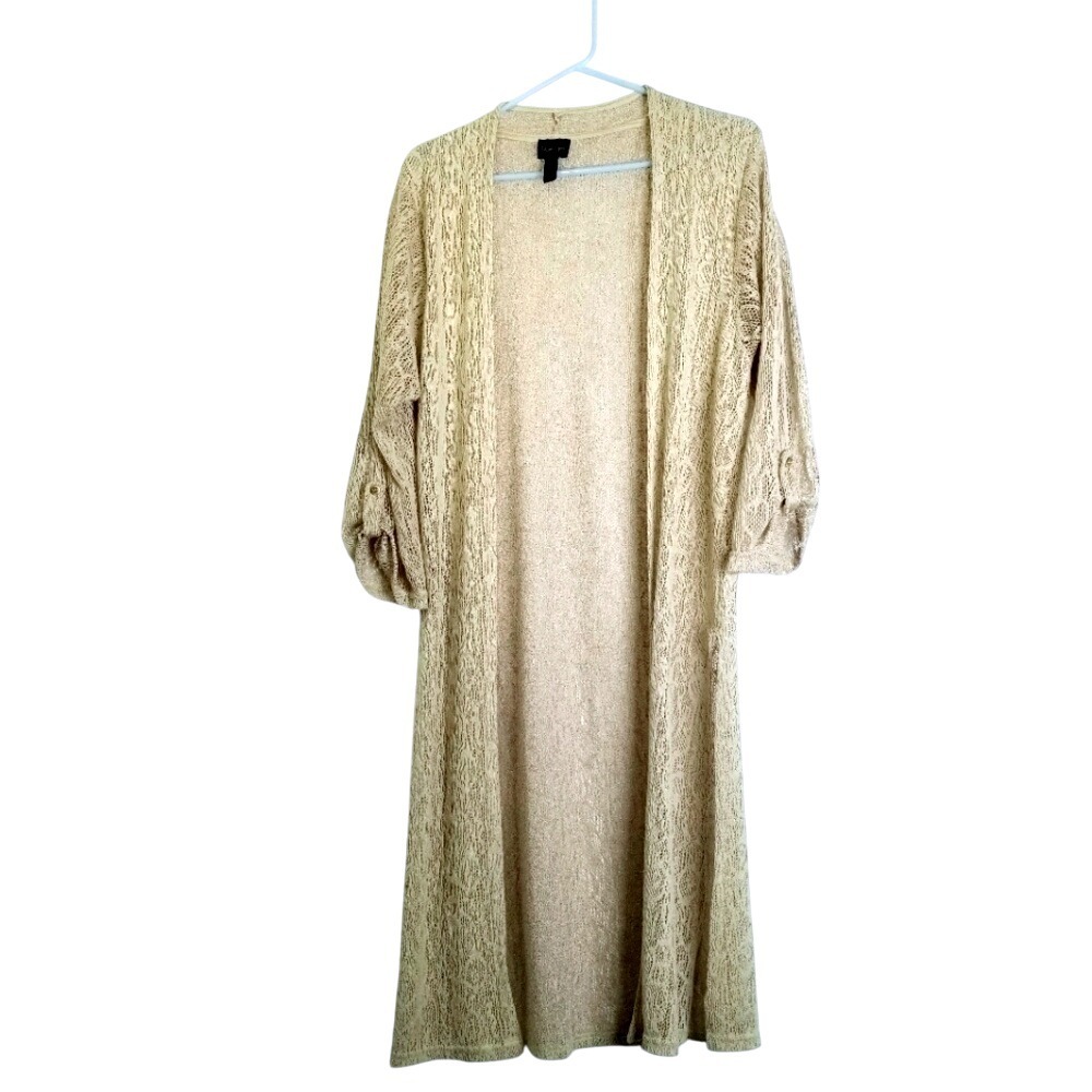Lavanya Beige Duster Cardigan M Open Front Crochet Knit Boho Long Sleeve Lace